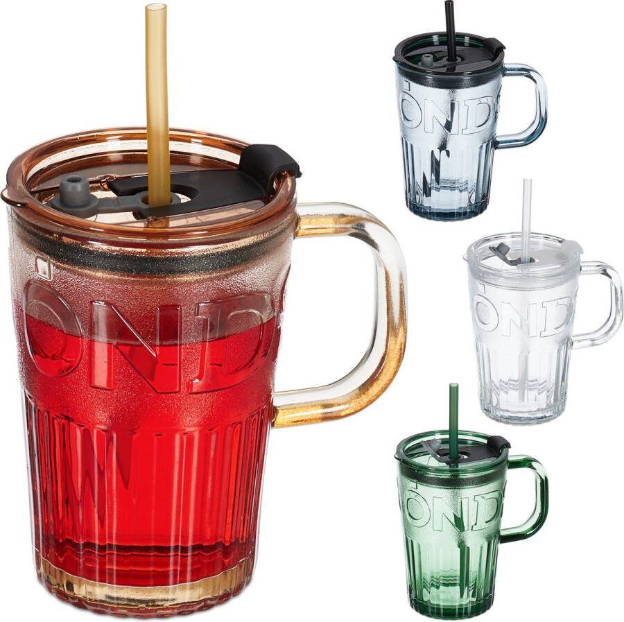 Relaxdays drinkglazen met handvat set van 4 limonadeglazen 4 kleuren deksel glas