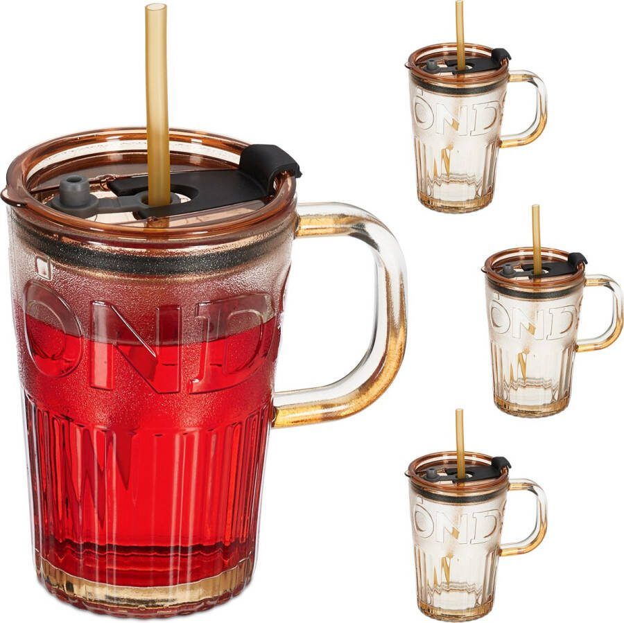 Relaxdays drinkglazen met handvat set van 4 limonadeglazen rietje en deksel bruin
