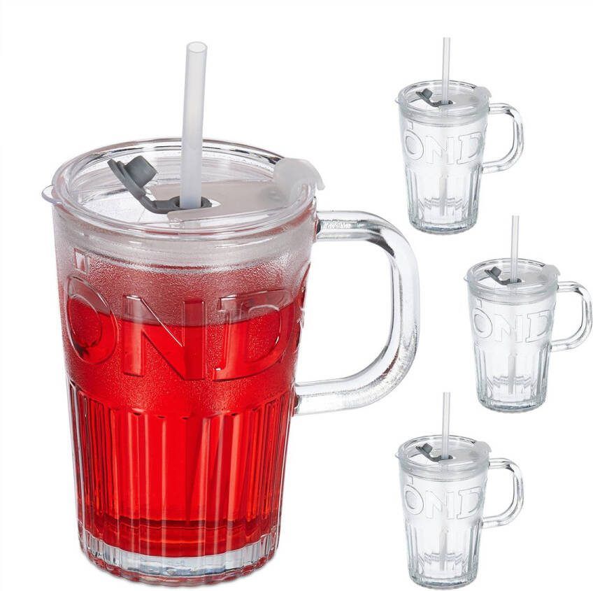 Relaxdays drinkglazen met handvat set van 4 sapglazen rietje en deksel transparant