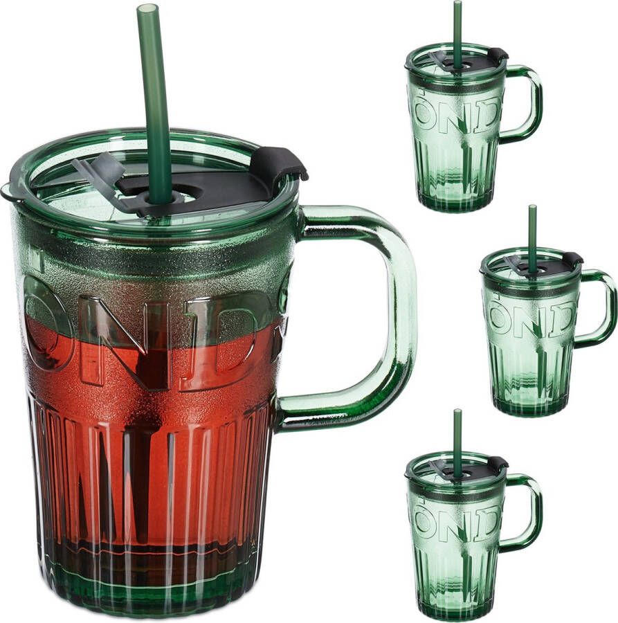 Relaxdays drinkglazen met handvat set van 4 smoothie glazen rietje en deksel groen