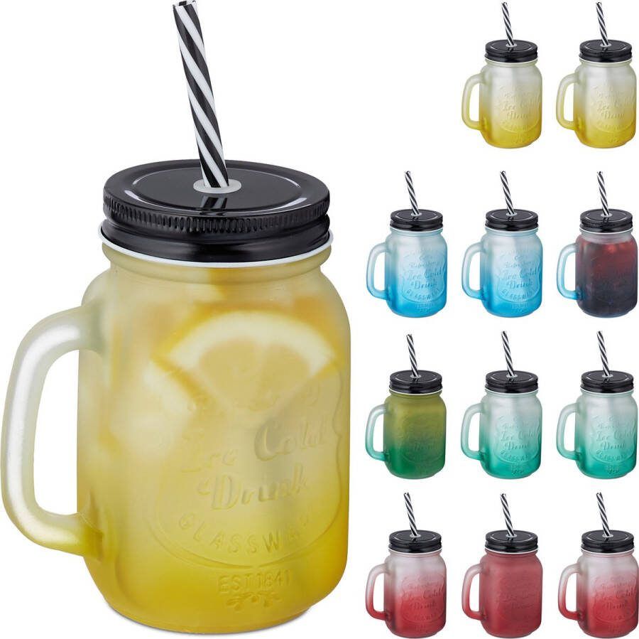 Relaxdays drinkglazen met rietje en deksel set van 12 mason jars met handvat 400 ml