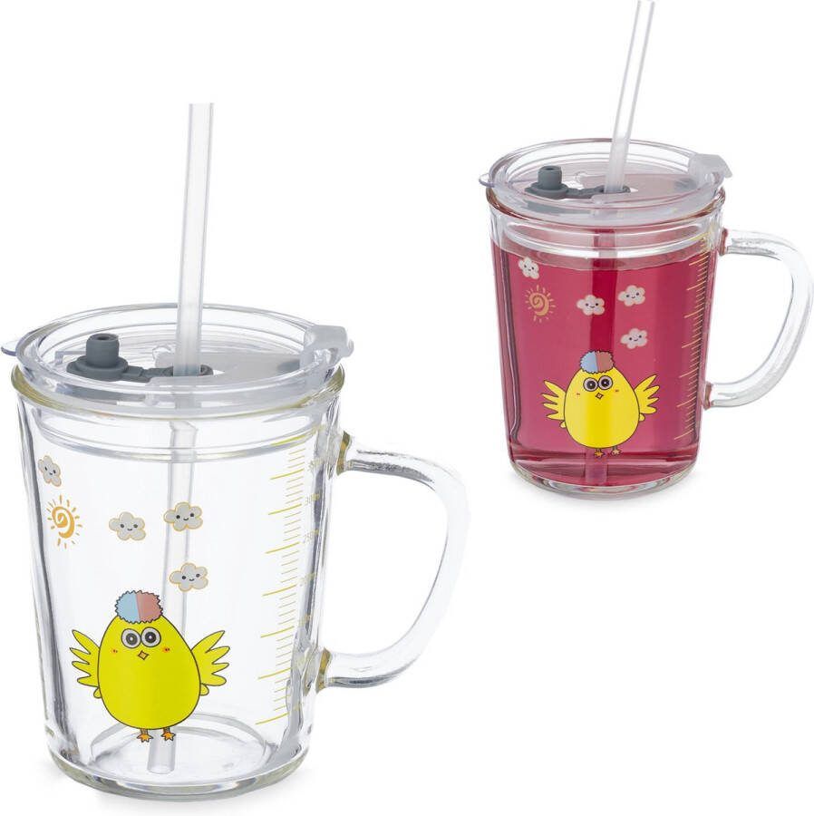 Relaxdays drinkglazen met rietje en deksel set van 2 kinderglazen kuikenprint glas