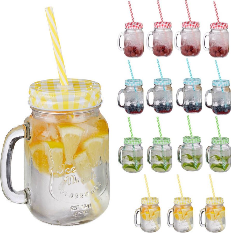 Relaxdays drinkglazen met rietje set van 16 gekleurde limonadeglazen met deksel 500 ml