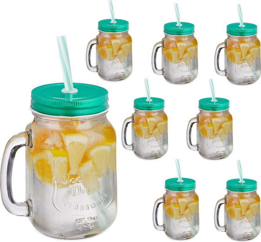 Relaxdays drinkglazen met rietje set van 8 mason jar limonadeglazen groen deksel