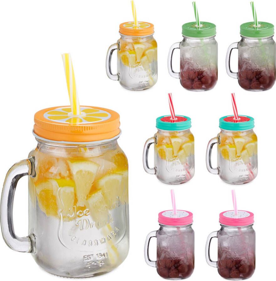 Relaxdays drinkglazen rietje en deksel set van 8 vruchten design handvat glazen