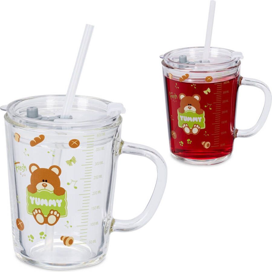 Relaxdays drinkglazen set van 2 beren design kinderglazen rietje transparant