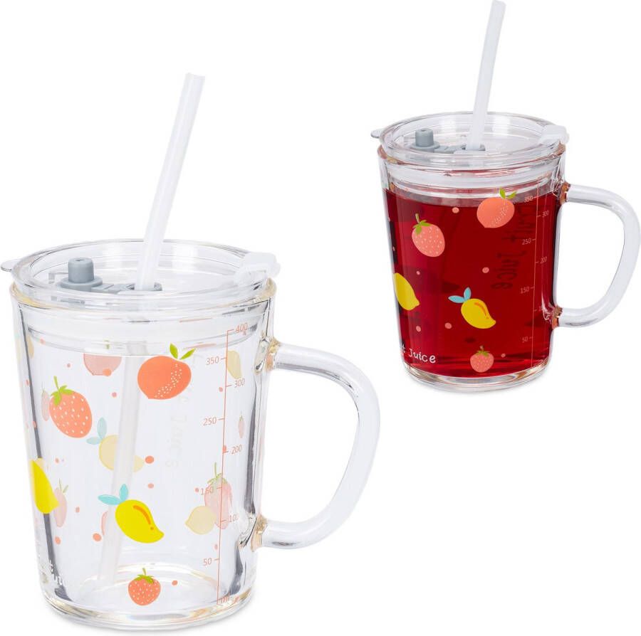 Relaxdays drinkglazen set van 2 fruit limonadeglazen deksel rietje kinderen