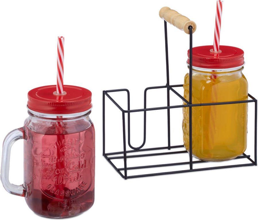Relaxdays drinkglazen set van 2 met rietje en deksel limonadeglazen met houder