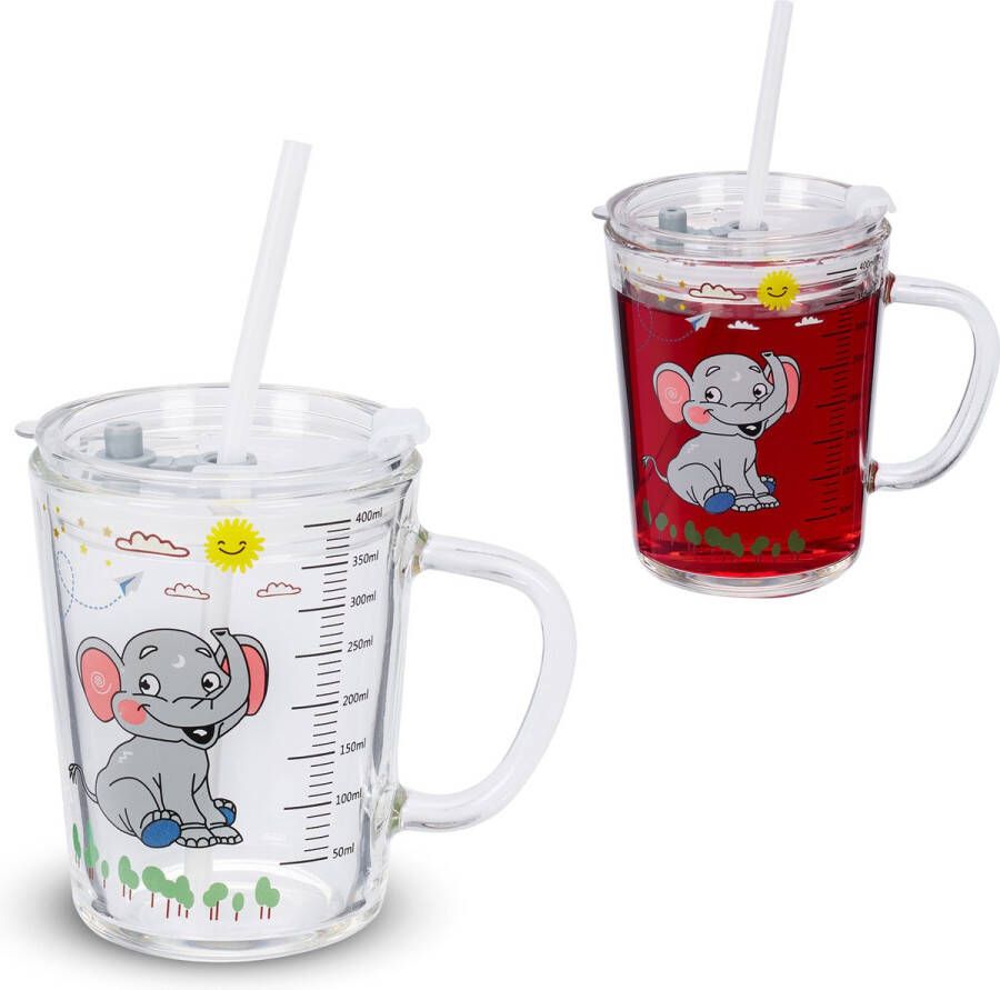 Relaxdays drinkglazen set van 2 olifant design kinderglazen rietje deksel