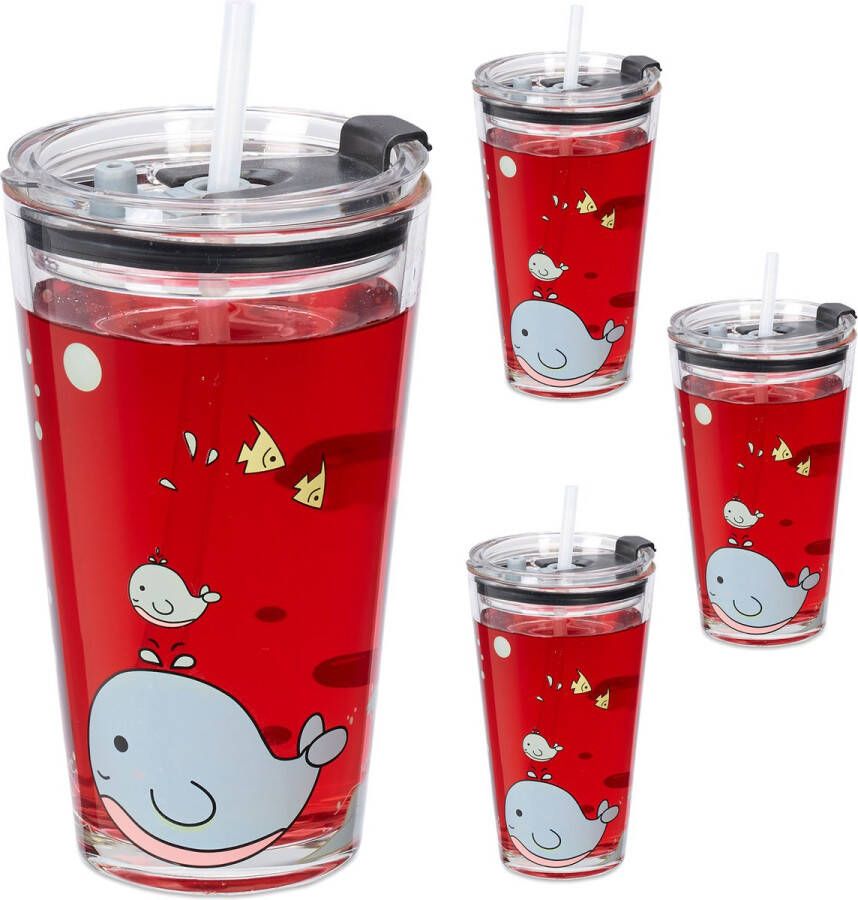 Relaxdays drinkglazen set van 4 walvis design kinderglazen rietje transparant