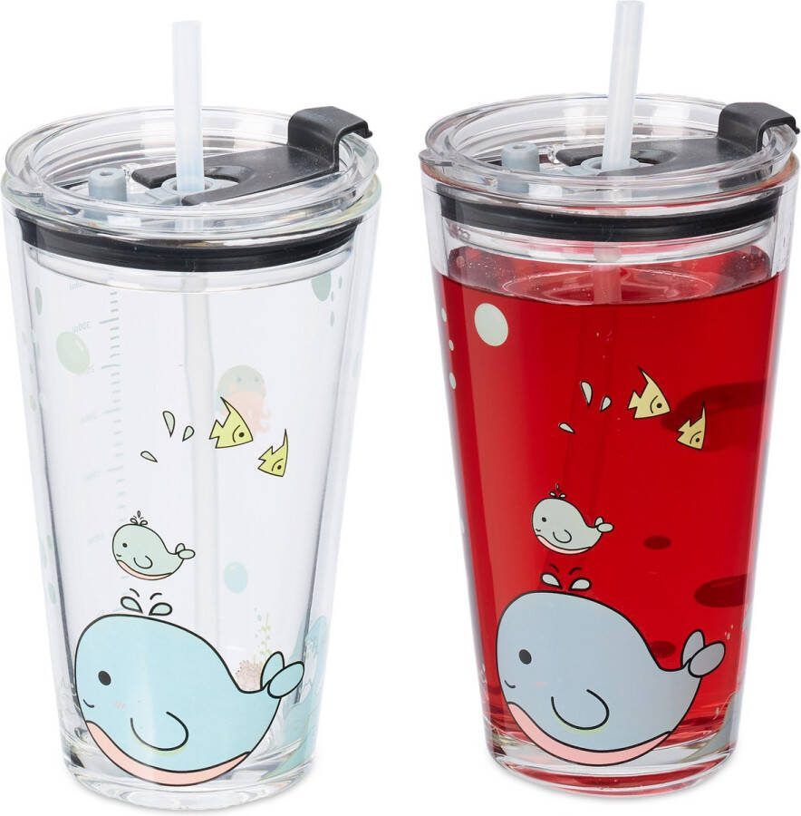 Relaxdays drinkglazen set van 4 walvis design kinderglazen rietje transparant