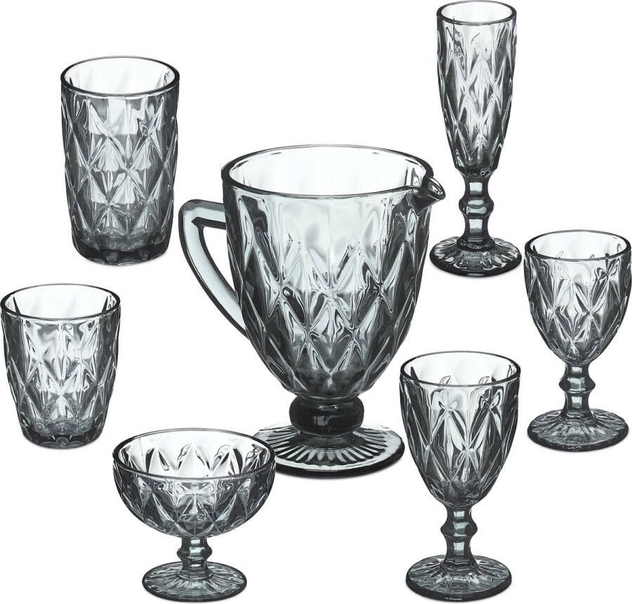 Relaxdays drinkglazen set van 7 vintage glazen wijnglas waterkan ijsbeker grijs