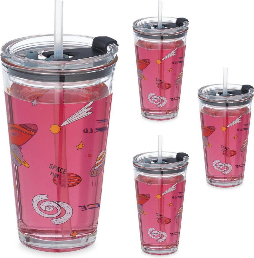 Relaxdays drinkglazen voor kinderen rietje en deksel set van 4 kinderglazen heelal