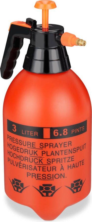 Relaxdays drukspuit 3 liter handdruksproeier waterspuit onkruidspuit oranje