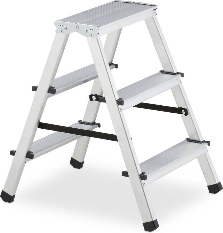 Relaxdays dubbele trap 125 kg inklapbaar huishoudtrap aluminium dubbel oploopbaar 3 tredes
