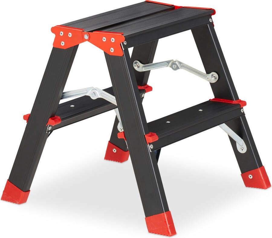 Relaxdays dubbele trap aluminium zwart-rood tot 120 kg huishoudtrap lichtgewicht 2 tredes