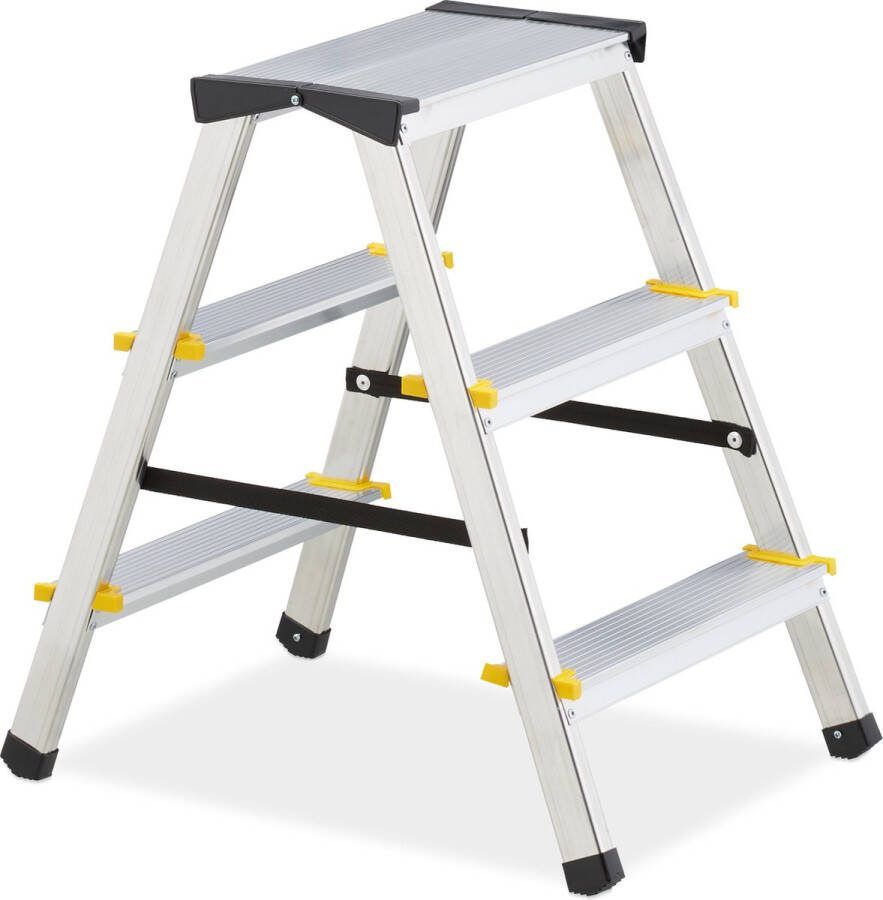 Relaxdays dubbele trap huishoudtrap aluminium dubbel oploopbaar trap tot 150 kg 3 tredes