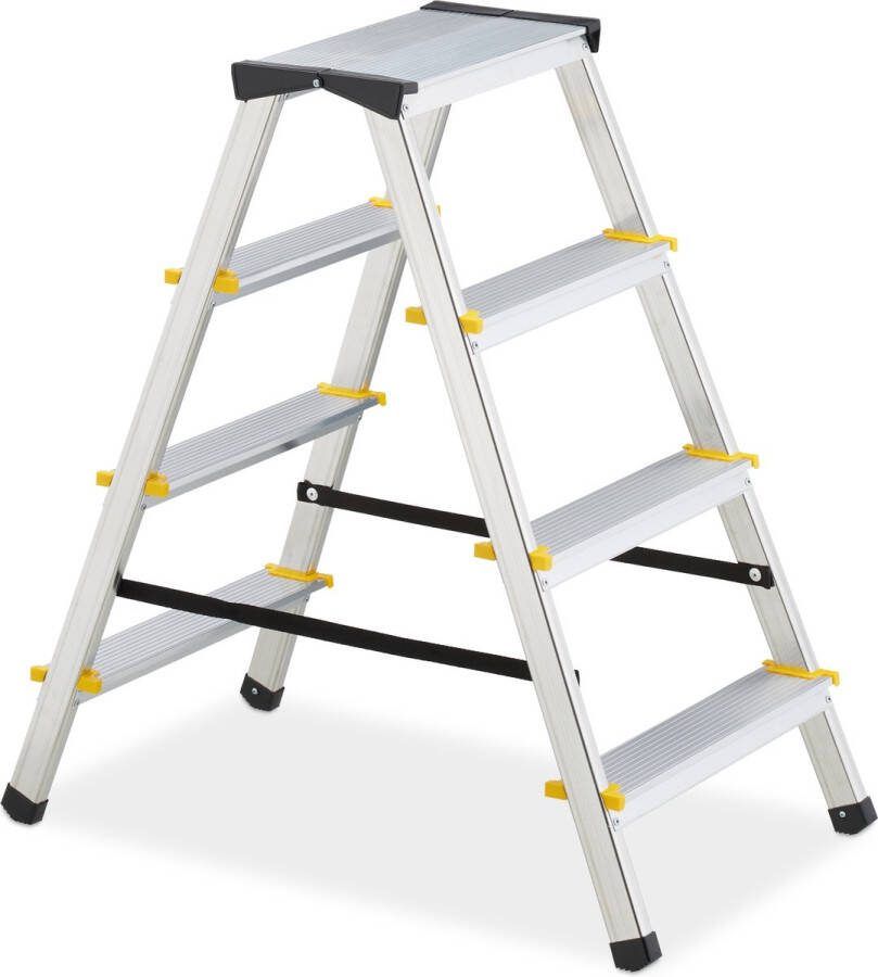 Relaxdays dubbele trap huishoudtrap aluminium dubbel oploopbaar trap tot 150 kg 4 tredes
