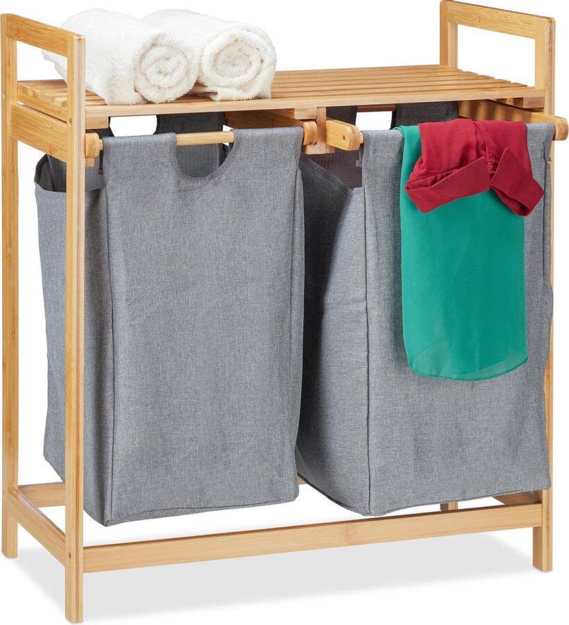 Relaxdays dubbele wasmand 2 x 30 liter wassorteerder wasbox bamboe grijs