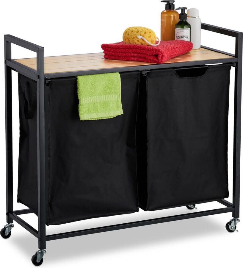 Relaxdays dubbele wasmand met plank 2 vakken wielen 42 liter metaal houtlook