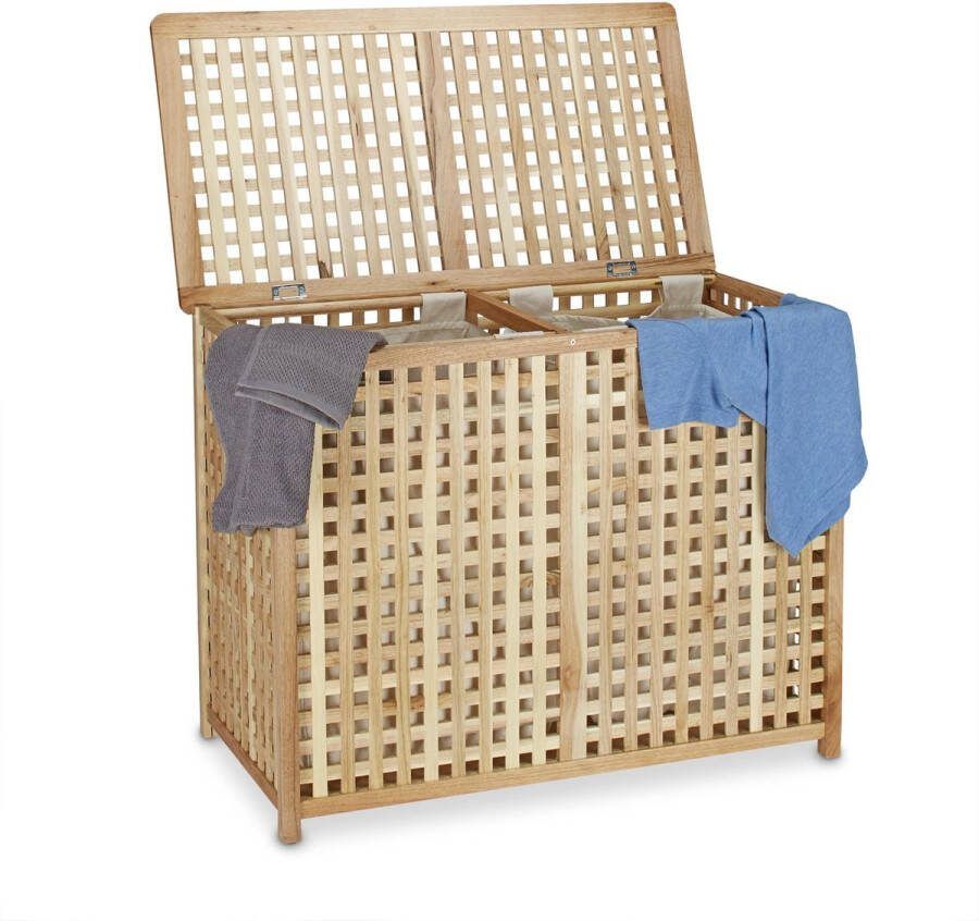 Relaxdays dubbele wasmand tweedelige opbergmand wastrommel wasbox mand