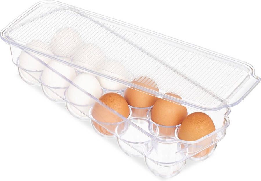 Relaxdays eierhouder koelkast eierbakje eierdoos deksel voor 12 eieren plastic