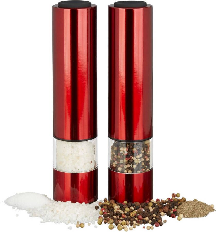 Relaxdays elektrische pepermolen set van 2 stuks rood kruidenmolen zoutmolen LED