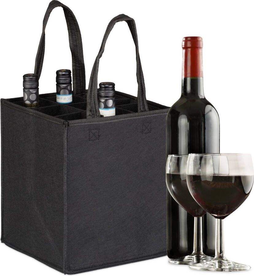 Relaxdays flessentas vilt voor 9 flessen flessendrager wijntas boodschappentas zwart