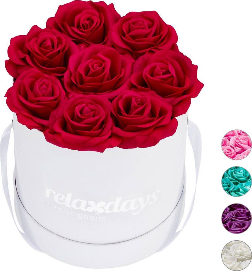 Relaxdays flowerbox 8 kunstrozen rozenbox bloemendoos wit kunstbloemen rood
