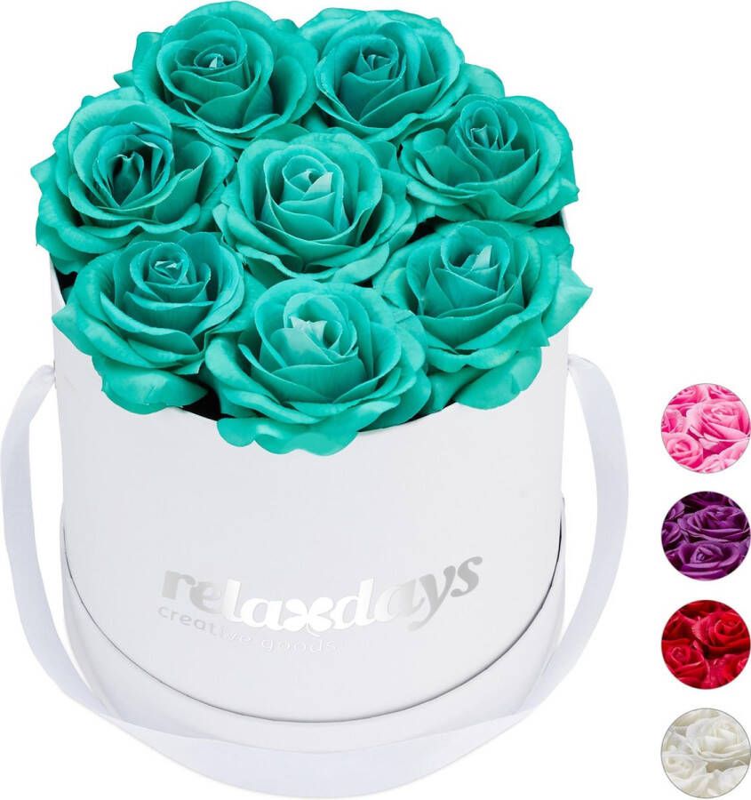 Relaxdays flowerbox 8 kunstrozen rozenbox bloemendoos wit kunstbloemen turkoois