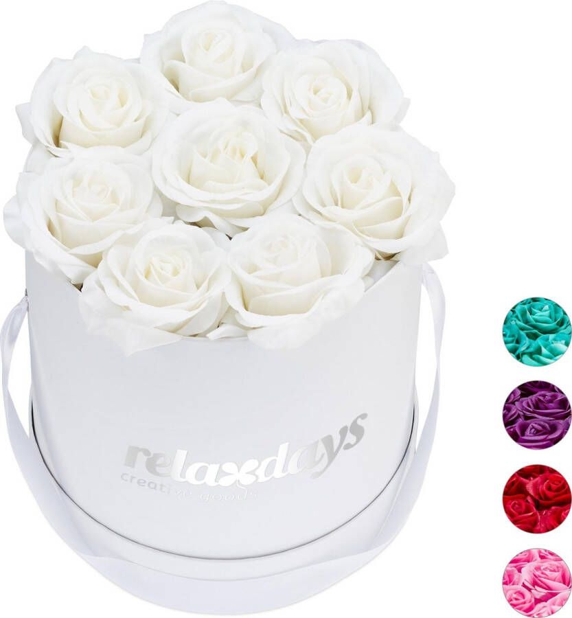 Relaxdays flowerbox 8 kunstrozen rozenbox bloemendoos wit kunstbloemen wit