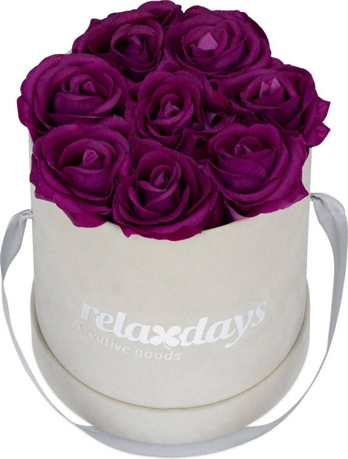 Relaxdays flowerbox rozen in doos met 8 kunstrozen rozenbox bloemendoos grijs Paars