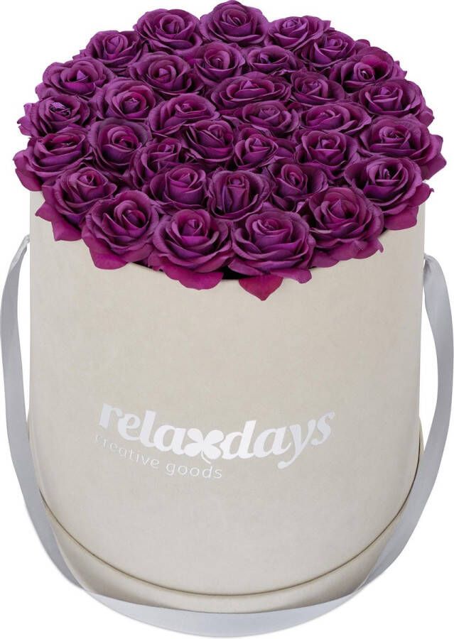Relaxdays flowerbox rozenbox 34 kunstrozen van stof rozen in doos box decoratie Paars
