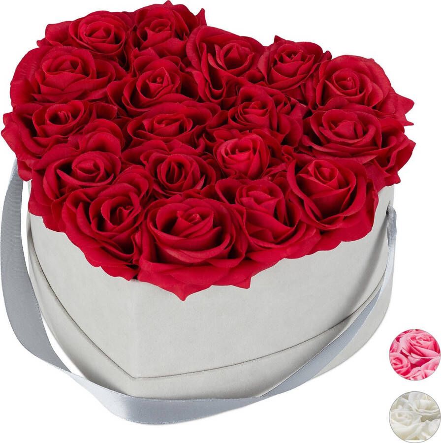 Relaxdays flowerbox rozenbox rozen in doos bloemendoos kunstbloemen hart grijs rood