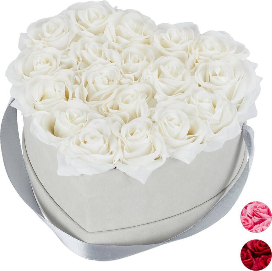 Relaxdays flowerbox rozenbox rozen in doos bloemendoos kunstbloemen hart grijs wit