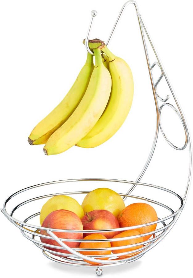 Relaxdays fruitschaal met bananenhaak chroom metalen fruitmand met banaanhouder modern