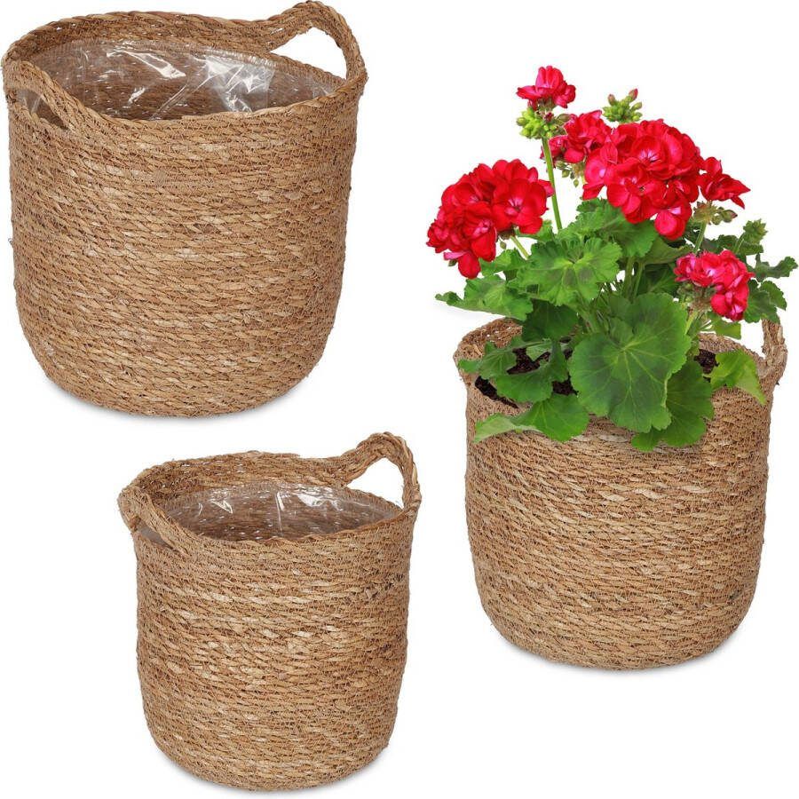 Relaxdays gevlochten bloempot set van 3 plantenpot zeegras boho sierpot binnen rond