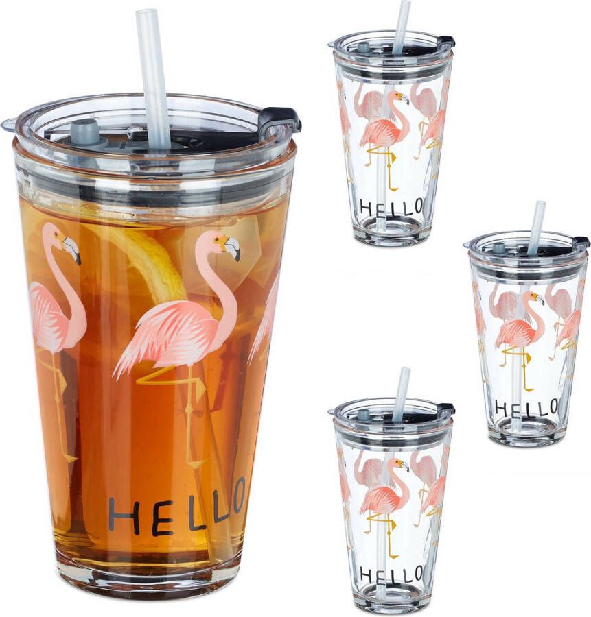 Relaxdays Glas met rietje en deksel 4 stuks flamingo print drinkglazen 450 ml