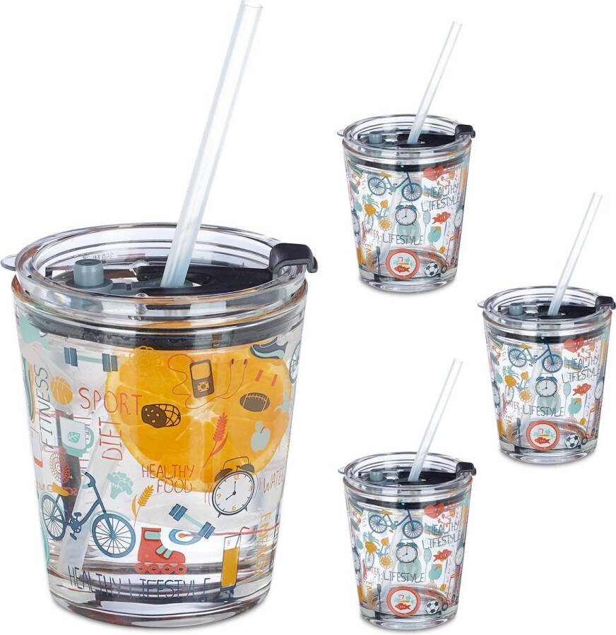 Relaxdays Glas met rietje en deksel 4 stuks kinderglazen met print waterglazen