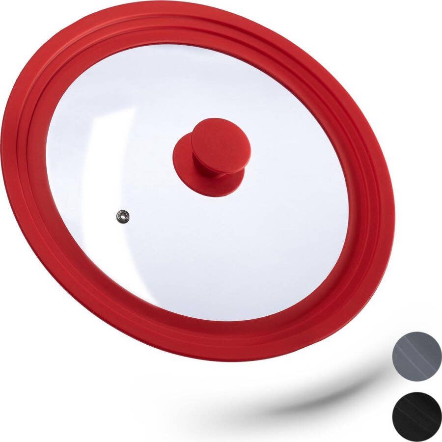 Relaxdays glazen deksel 26-30 cm voor pannen pannendeksel universeel siliconen rood