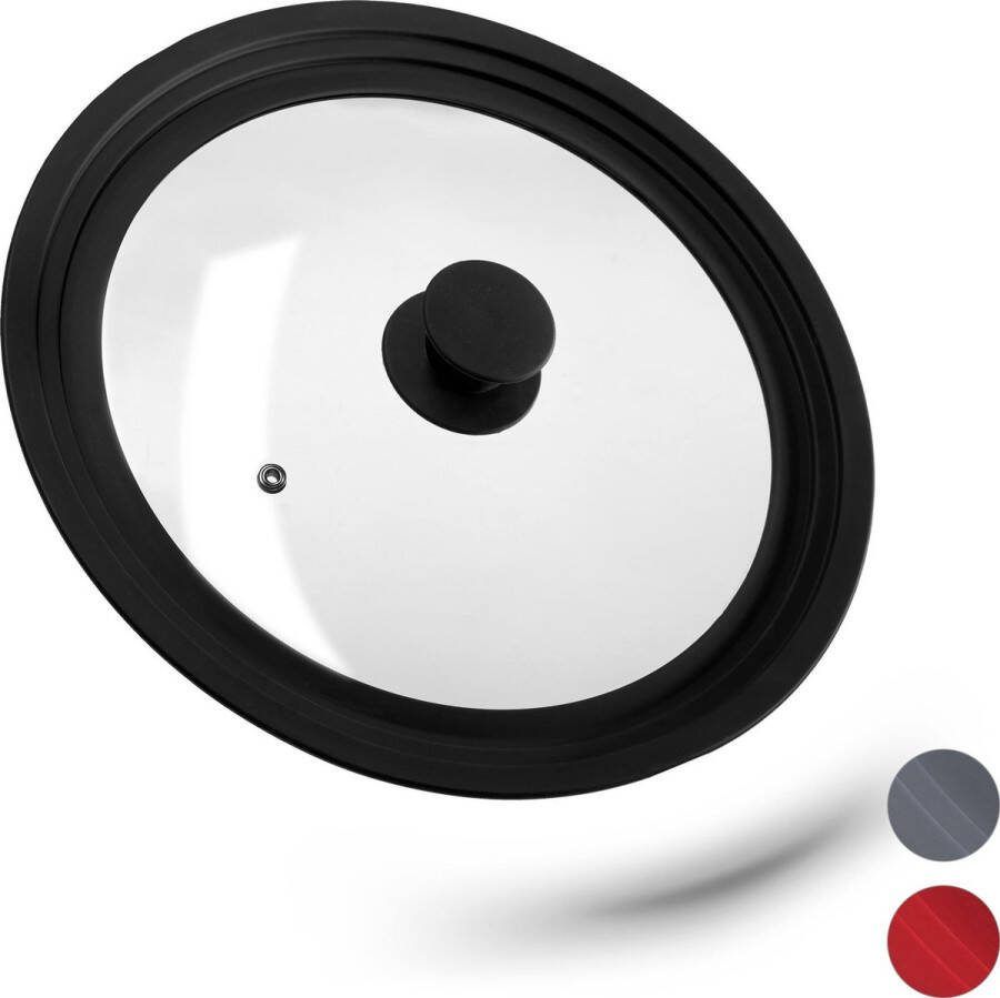 Relaxdays glazen deksel 26-30 cm voor pannen pannendeksel universeel siliconen zwart