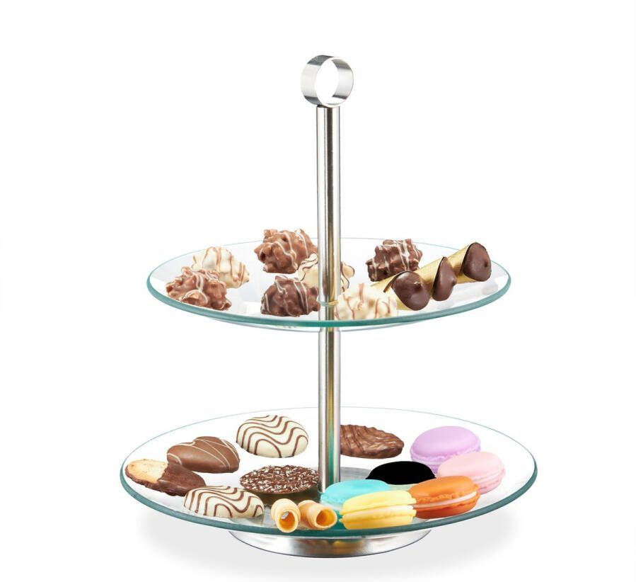 Relaxdays glazen etagere 2-laags serveerschaal hapjessschaal bonbonniere rond