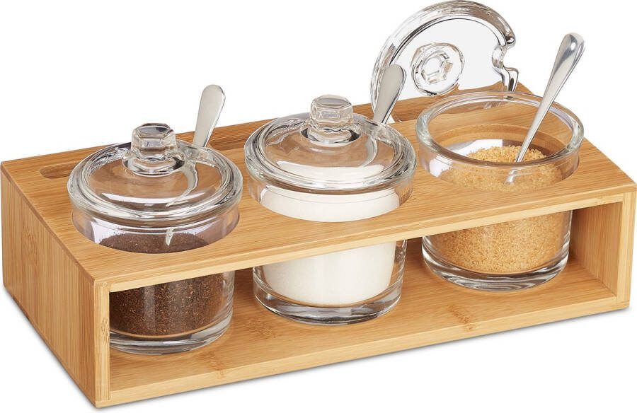 Relaxdays glazen kruidenpotjes set van 3 met bamboe houder suikerpotjes zoutpotje