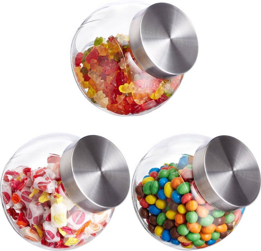 Relaxdays glazen snoeppotten set van 3 voorraadpotten met deksel 1 5 l pasta bewaarpot