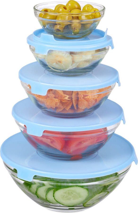 Relaxdays Glazen vershoudbakjes set van 5 ronde vershouddozen bewaardozen met deksel