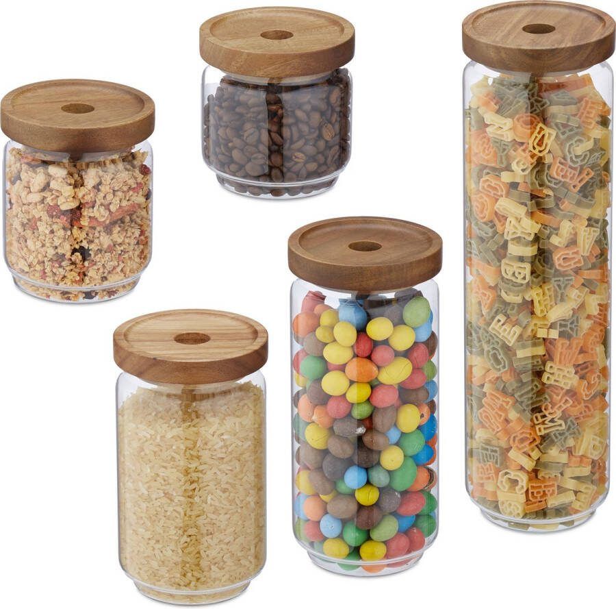 Relaxdays glazen voorraadpot met deksel set van 5 tot 1 5 liter snoeppot bewaarpot