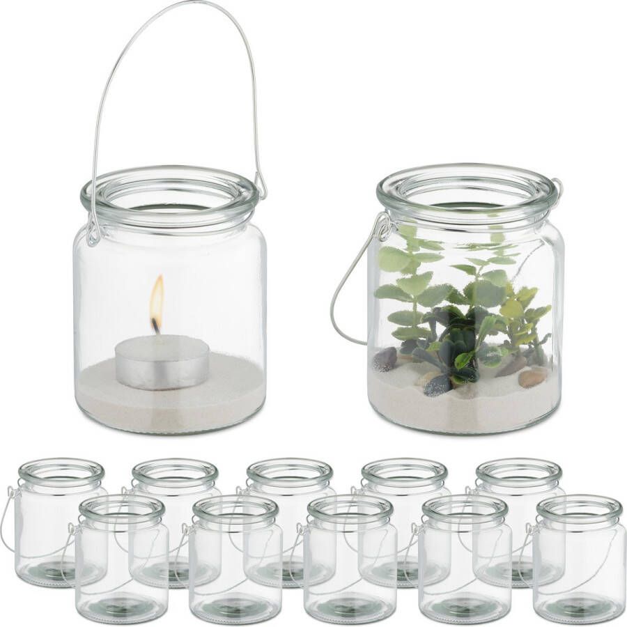 Relaxdays glazen windlicht set van 12 met hengsel ronde theelichthouder buiten