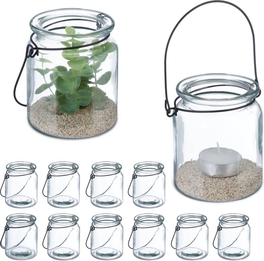 Relaxdays glazen windlicht set van 12 theelichthouder met hengsel waxinelichthouder