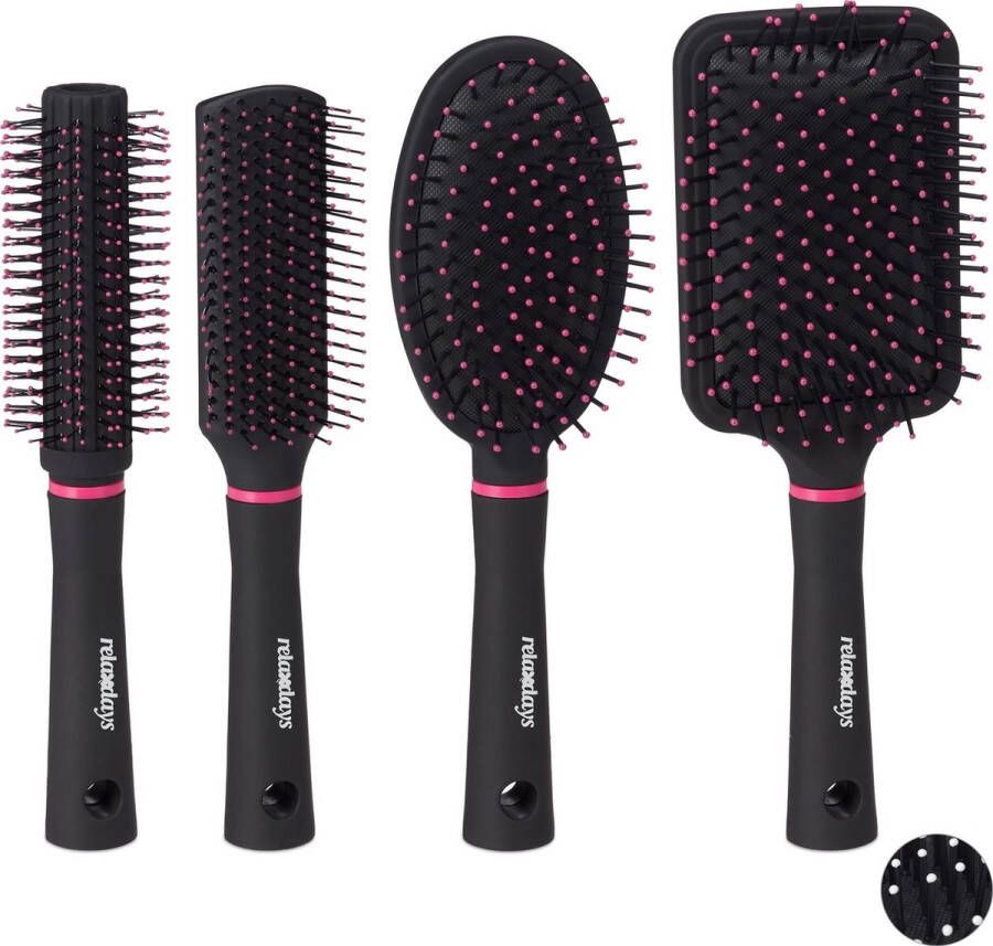 Relaxdays haarborstel set van 4 borstels paddle brush föhnborstel ronde borstel roze