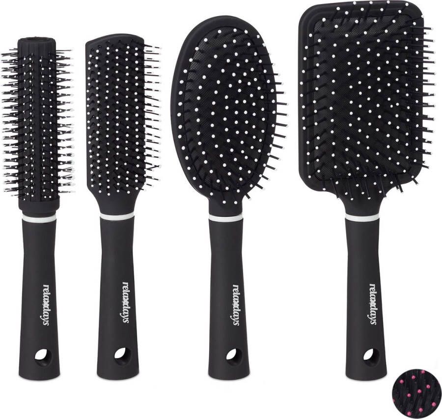 Relaxdays haarborstel set van 4 borstels paddle brush föhnborstel ronde borstel wit